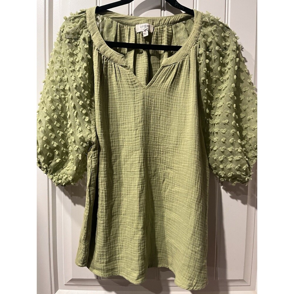 Umgee Small Green Crinkle Top Lace Butterfly Balloon Sleeve Boho Blouse Boutique